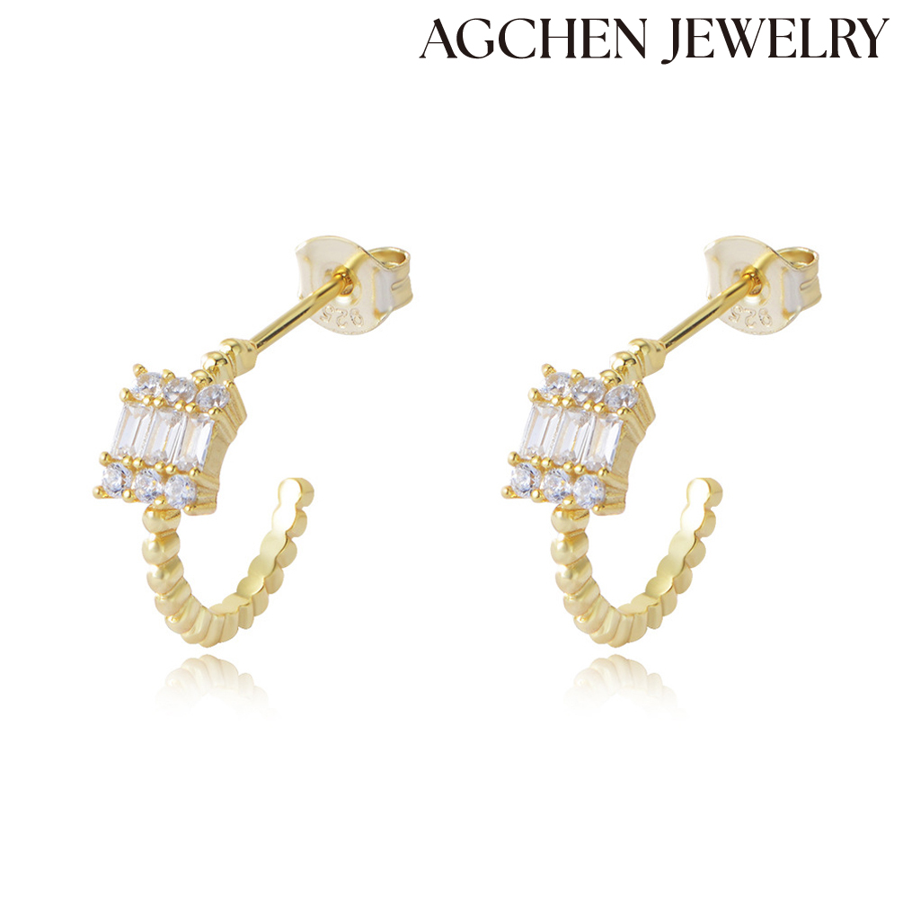 AGCHEN  European and American hot-selling S925 Sterling Silver Triple Square Cubic Zirconia Earrings Fashion Jewelry for women and girls AGKE3230