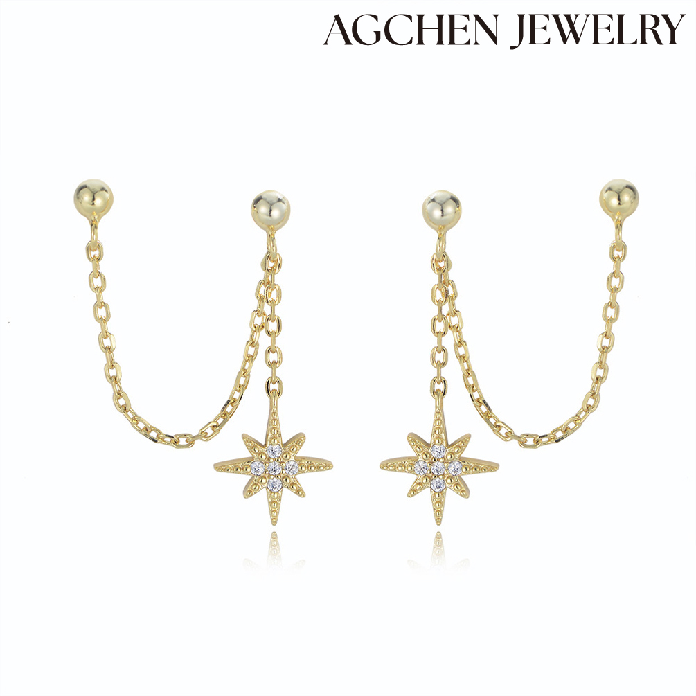 AGCHEN S925 Sterling silver chain double pierced earrings stud personalized European and American INS style eight pointed star earrings AGKE3224