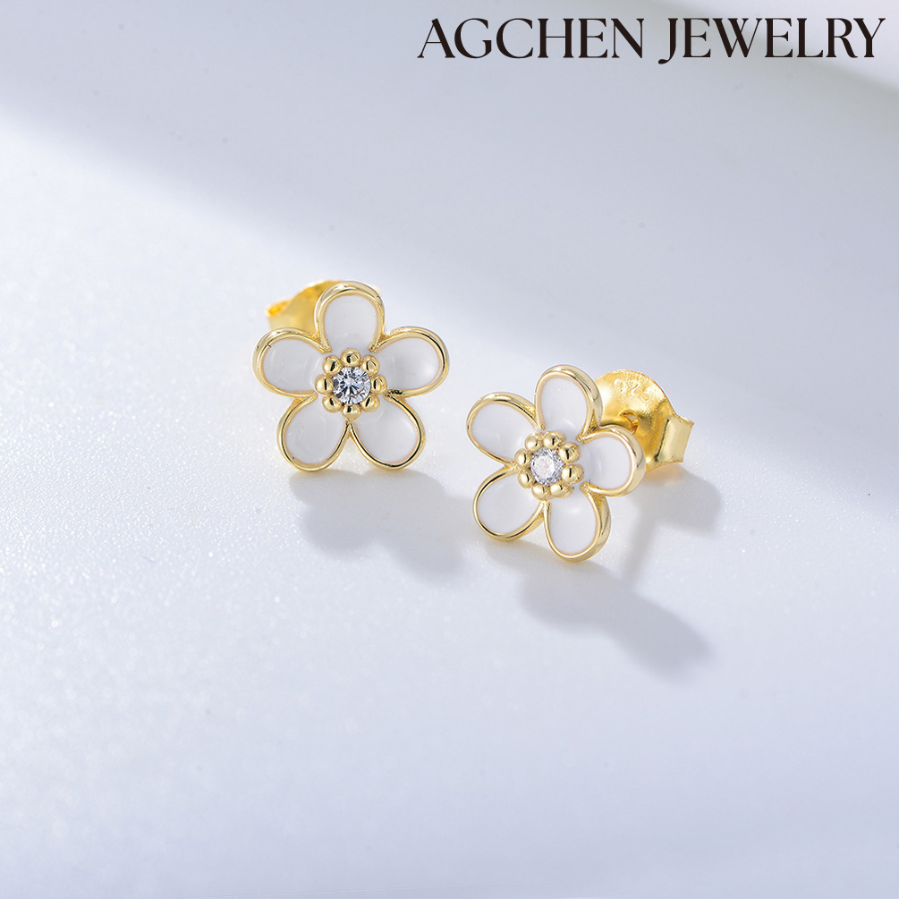 AGCHEN S925 Sterling silver French diamond drop oil flower earrings studs female sweet and lovely everything temperament wholesale AGKSE121