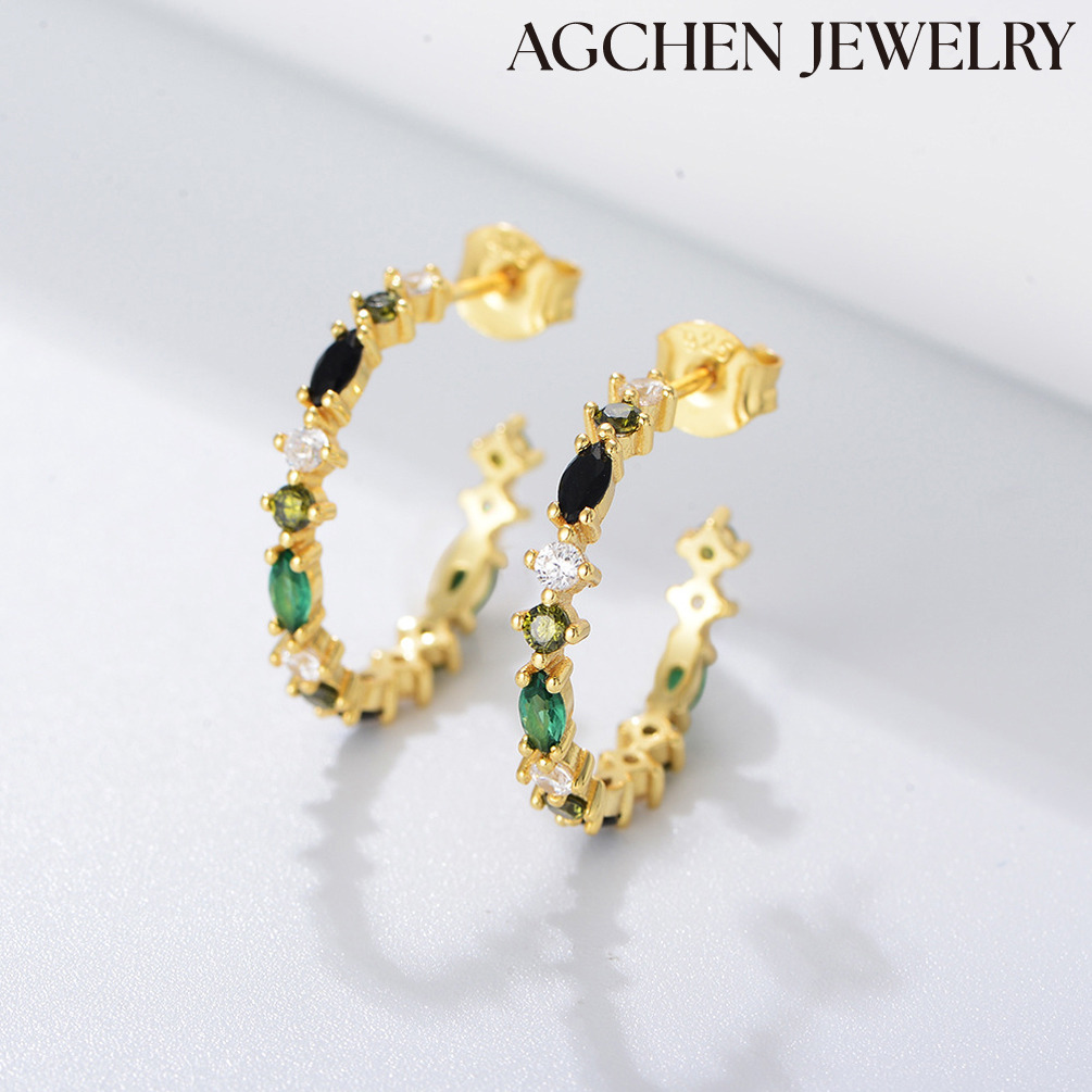 AGCHEN Europe and the United States personality C-shaped circle earrings advanced s925 sterling silver color zircon earrings female AGKE3437