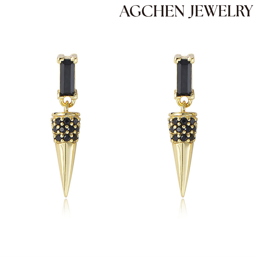 AGCHEN S925 Sterling Silver Black Square Zircon with Cone Dangle Earrings female Europe and America ins design sense new accessories AGKE3398