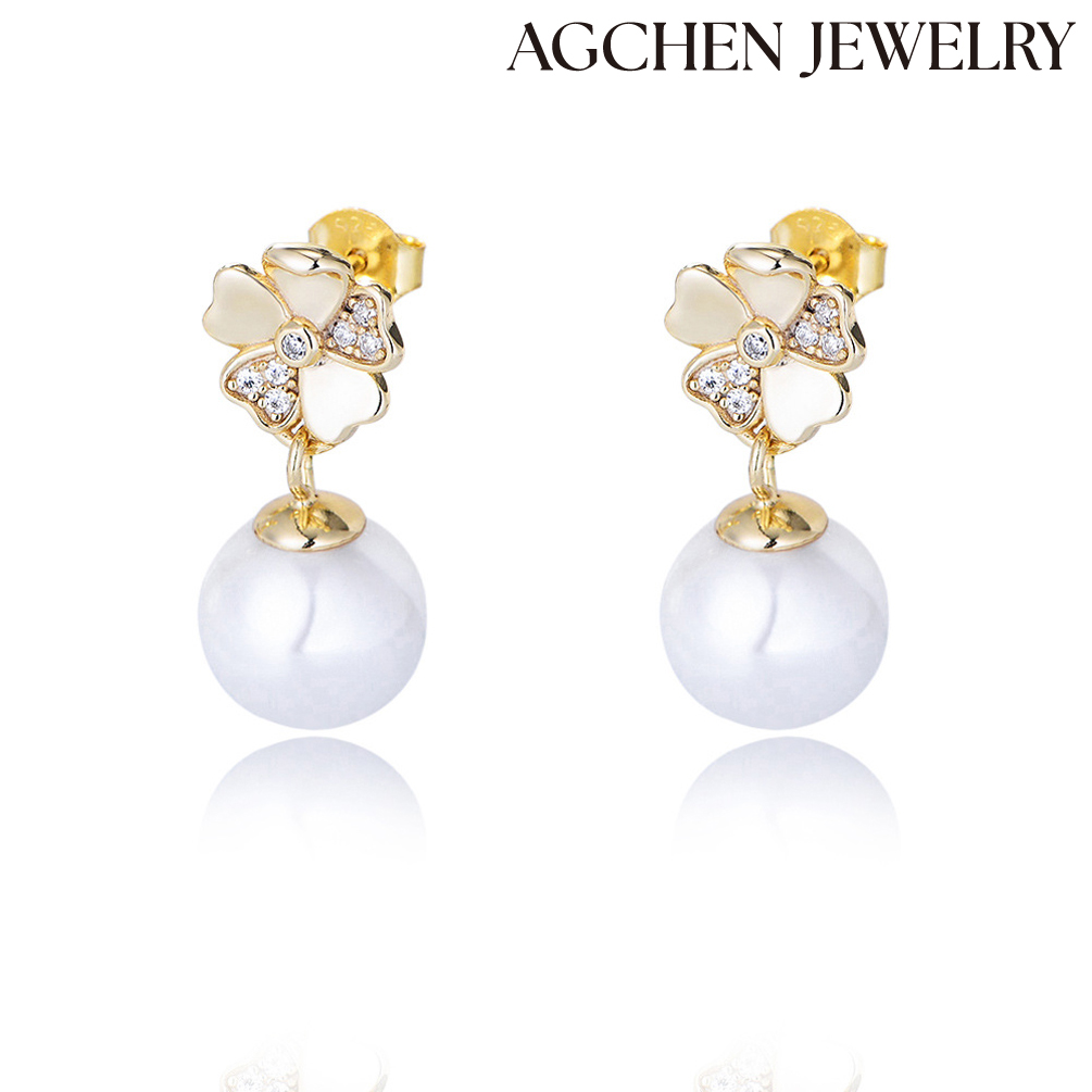 AGCHEN s925 Sterling silver advanced sense of light luxury vint AGe flower diamond earrings women high quality pearl earrings wholesale AGKSE124