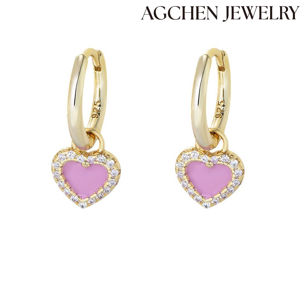 AGCEN S925 Sterling Silver Earrings with Pink Heart-Shaped pendant with Zirconia  Female Japanese and Korean temperament fresh look cute earrings AGKE3897C