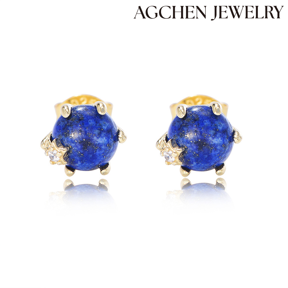 AGCHEN s925 silver natural lapis Lazio round pearl six claw earrings high-grade sense cute European and American ins texture jewelry AGKE3664