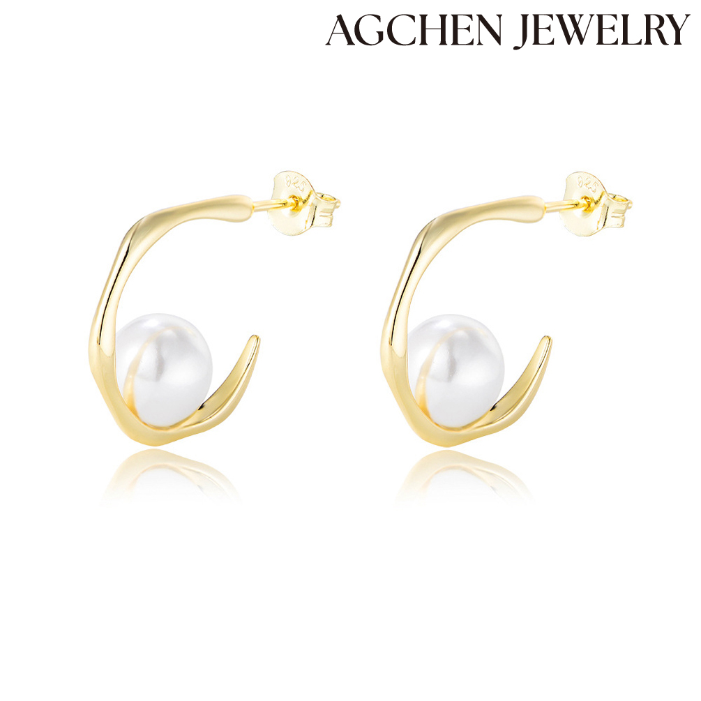 AGCHEN European and American hot-selling S925 Sterling Silver Irregular-Shaped Earrings with Pearls for girls 2023 Gift AGKE3603