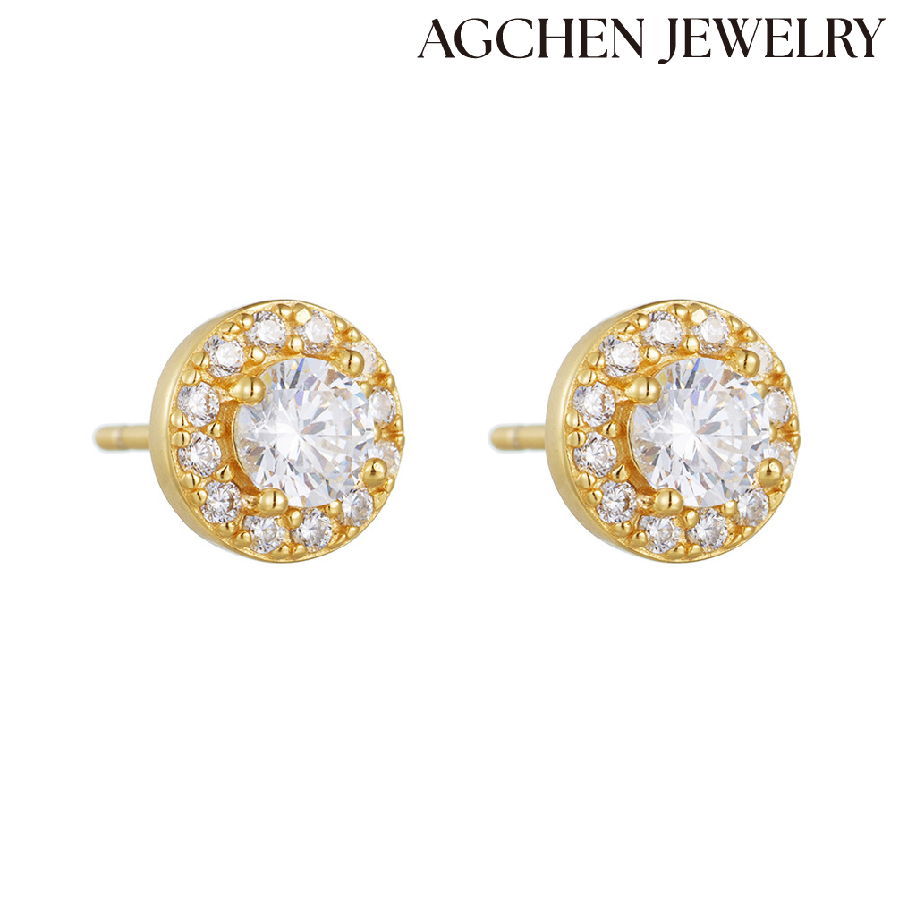 AGCEHN S925 Sterling Silver Round Stud Earrings with Zirconia Female Japanese and Korean temperament fresh look simple earrings AGLE1175