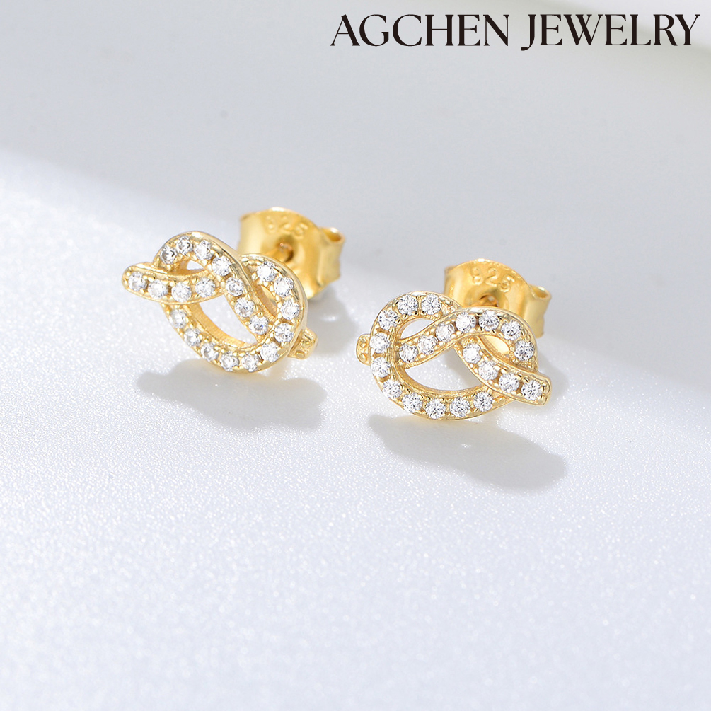 AGCHEN S925 Sterling silver knot geometry Zircon earrings female simple personality European and American ins design mini earrings AGKE3660