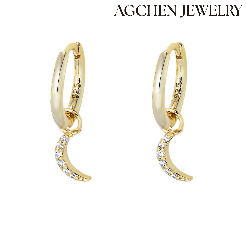 AGCHEN Europe and the United States Ins hot sale S925 Sterling Silver Crescent Moon Cubic Zirconia Earrings AGKE3897I