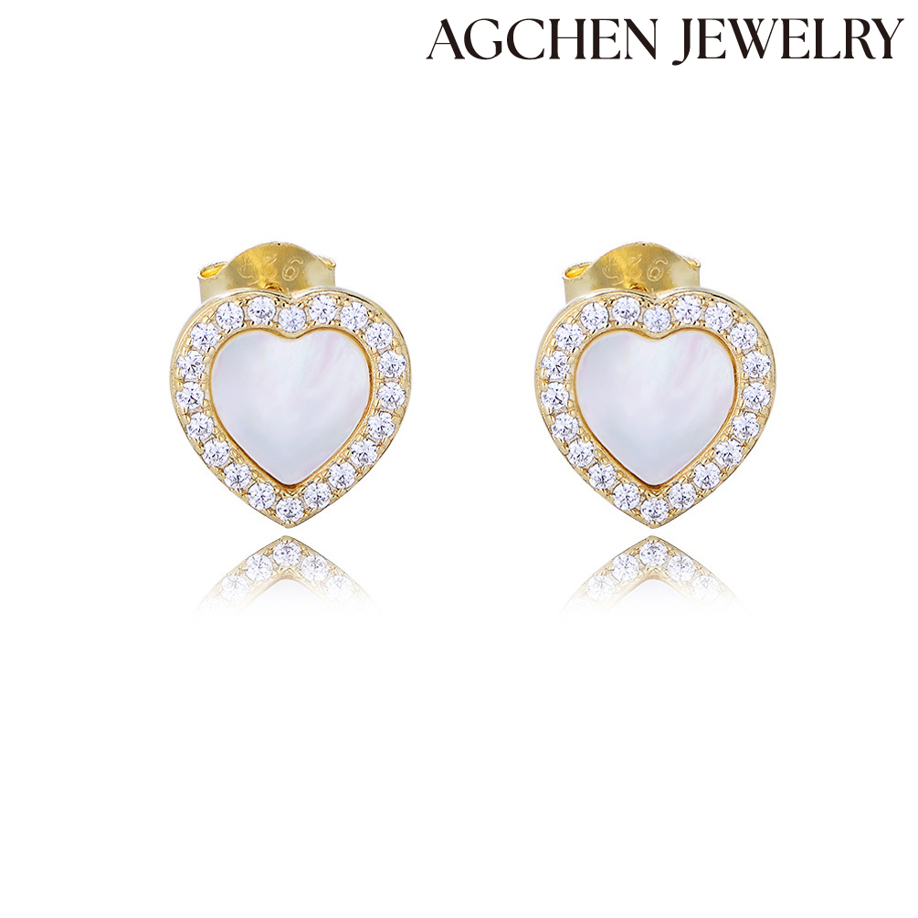 AGCHEN  s925 sterling silver heart-shaped earrings female all matching zircon love earrings Korean version fritillary earrings AGKE3600