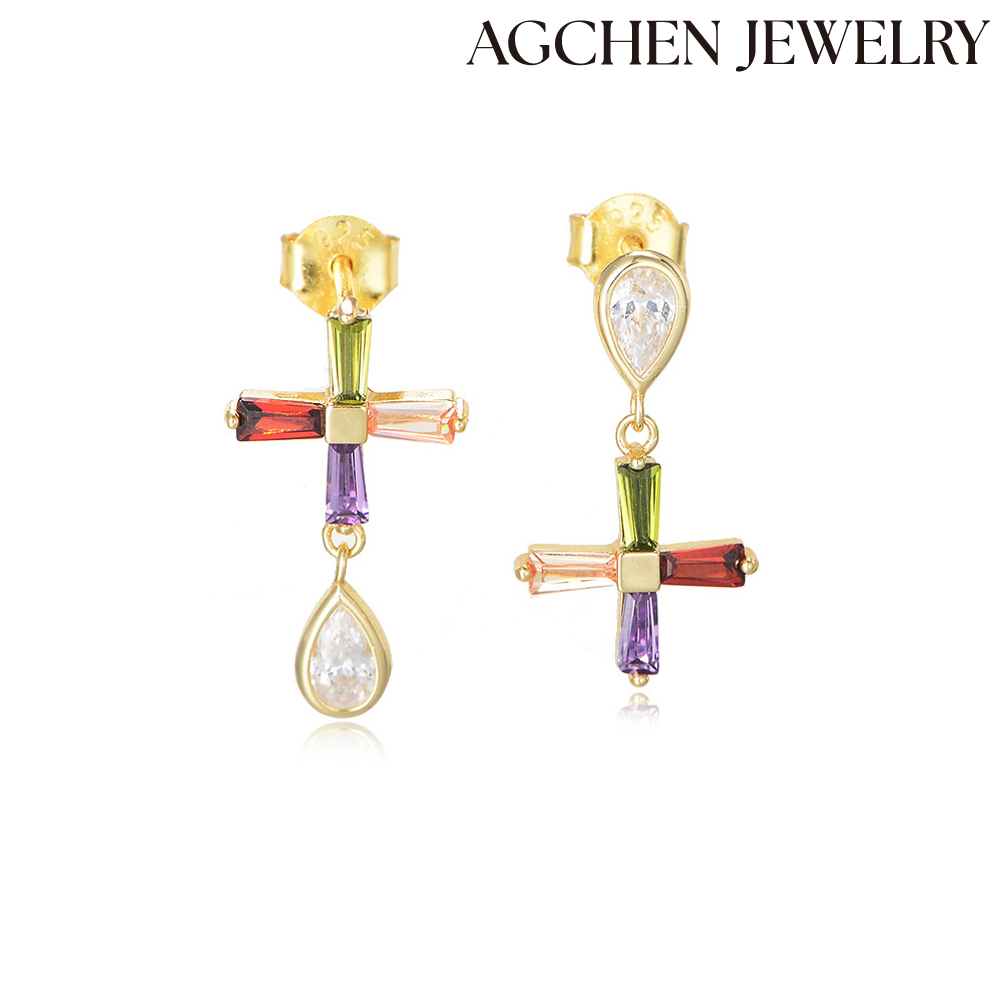 AGCHEN Colored zircon asymmetrical cross earrings sterling silver high-grade niche Europe and the United States jewelry earrings women AGKE3401