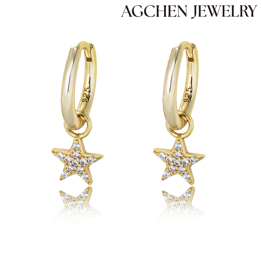 AGCHEN s925 sterling silver five-pointed star earrings feminine temperament Korean personality fashion simple short earrings AGKE3897H