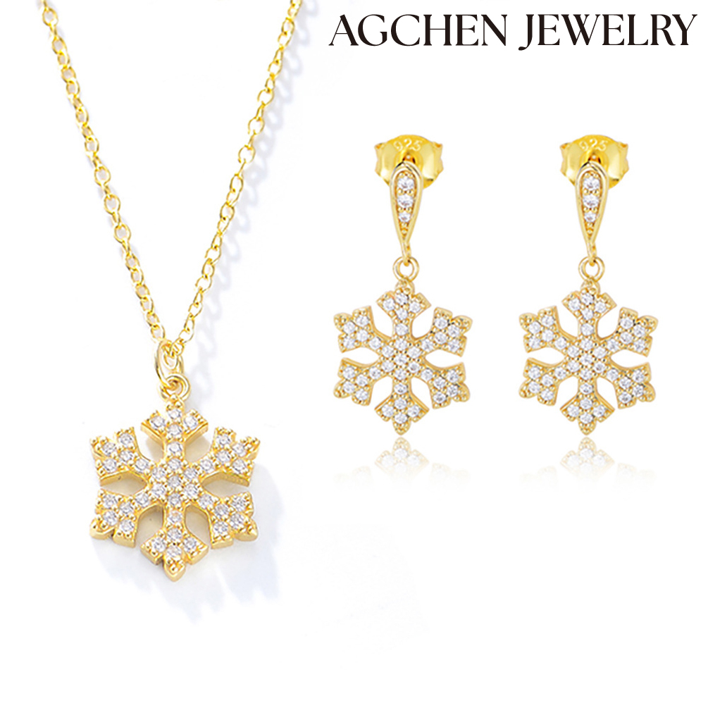 AGCHEN Snow Flower Zircon crystal 925 Silver Gold plated stud Earrings Fashion Jewelry for women and girls AGKSE112