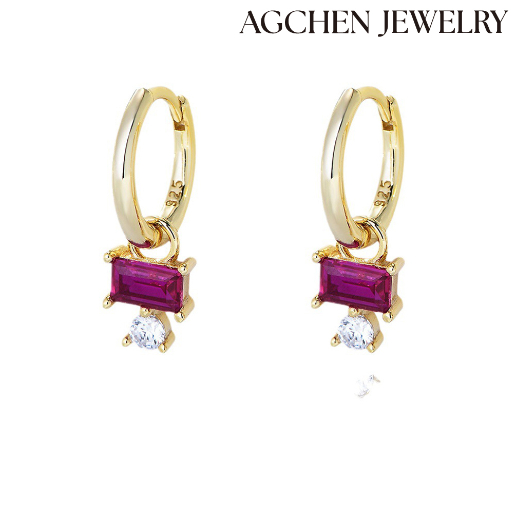 AGCHEN Europe and the United States simple square red Zircon earrings female S925 sterling silver earrings high-grade niche accessories AGKE3897G