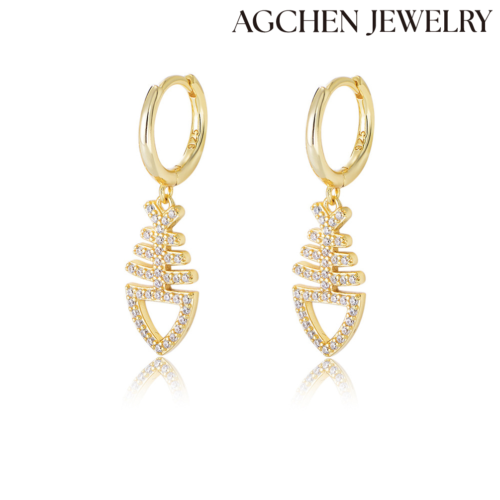 AGCHEN Europe and America ins style women's  S925 Sterling Silver Fishbone-Shaped Earrings with Cubic Zirconia AGKE3919