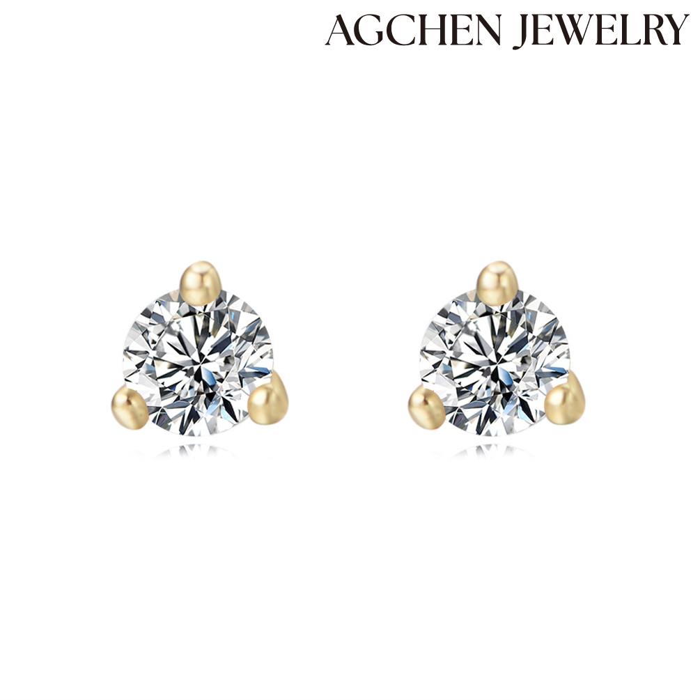 AGCHEN Simple Round three claw Zircon crystal 925 Silver stud Earrings Fashion Jewelry for women and girls AGLE0974