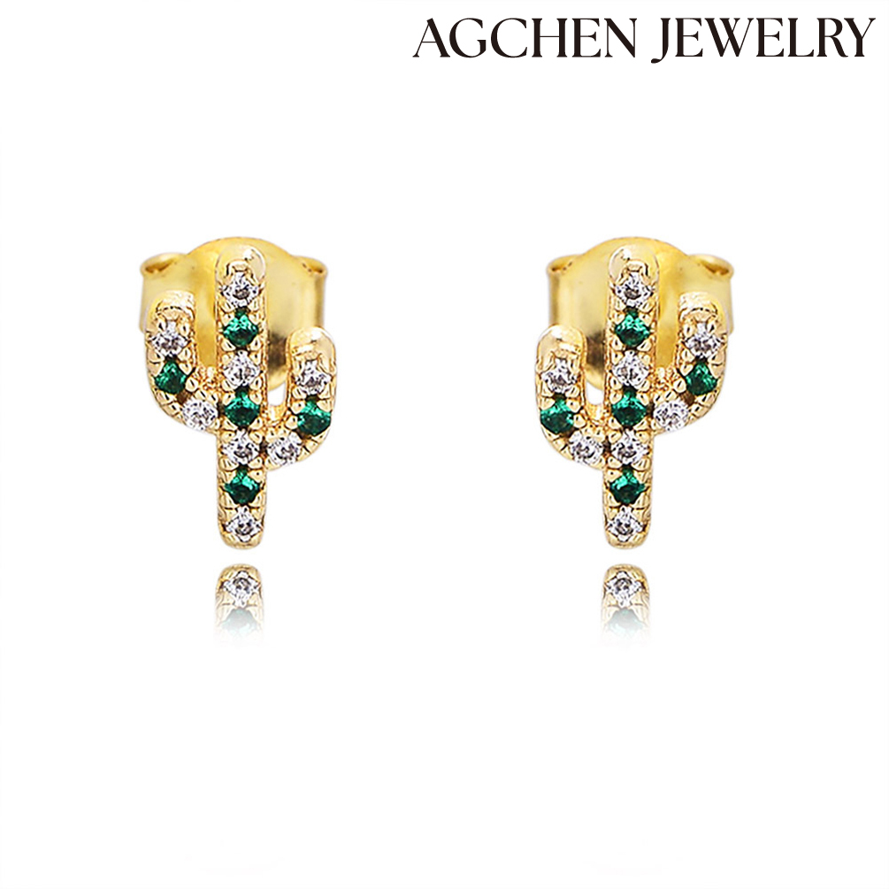 AGCHEN S925 Sterling Silver plant cactus micro-inset zircon small earrings female sweet cute personality earrings accessories AGKE3895