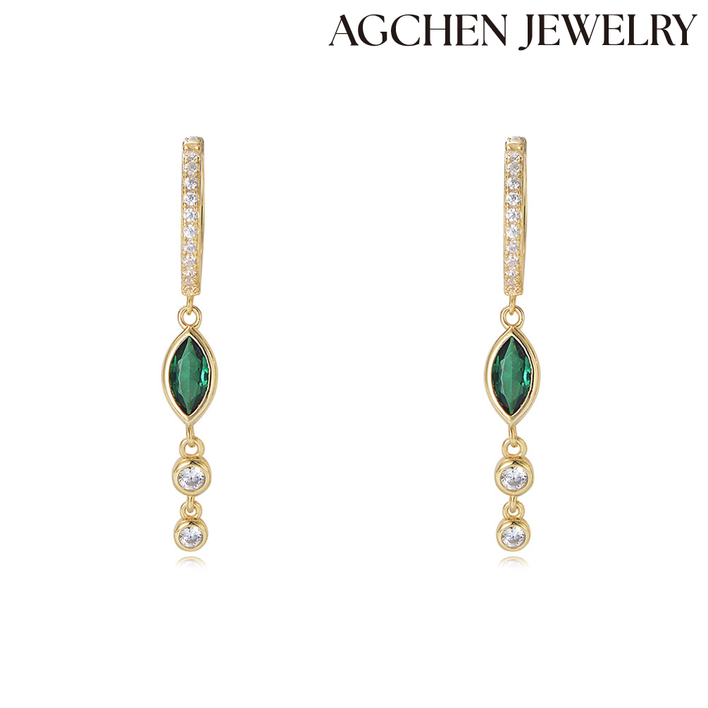 AGCHEN S925 Sterling Silver Earrings with Green Amethyst and White Stones female Europe and America ins design sense new accessories AGKE3433