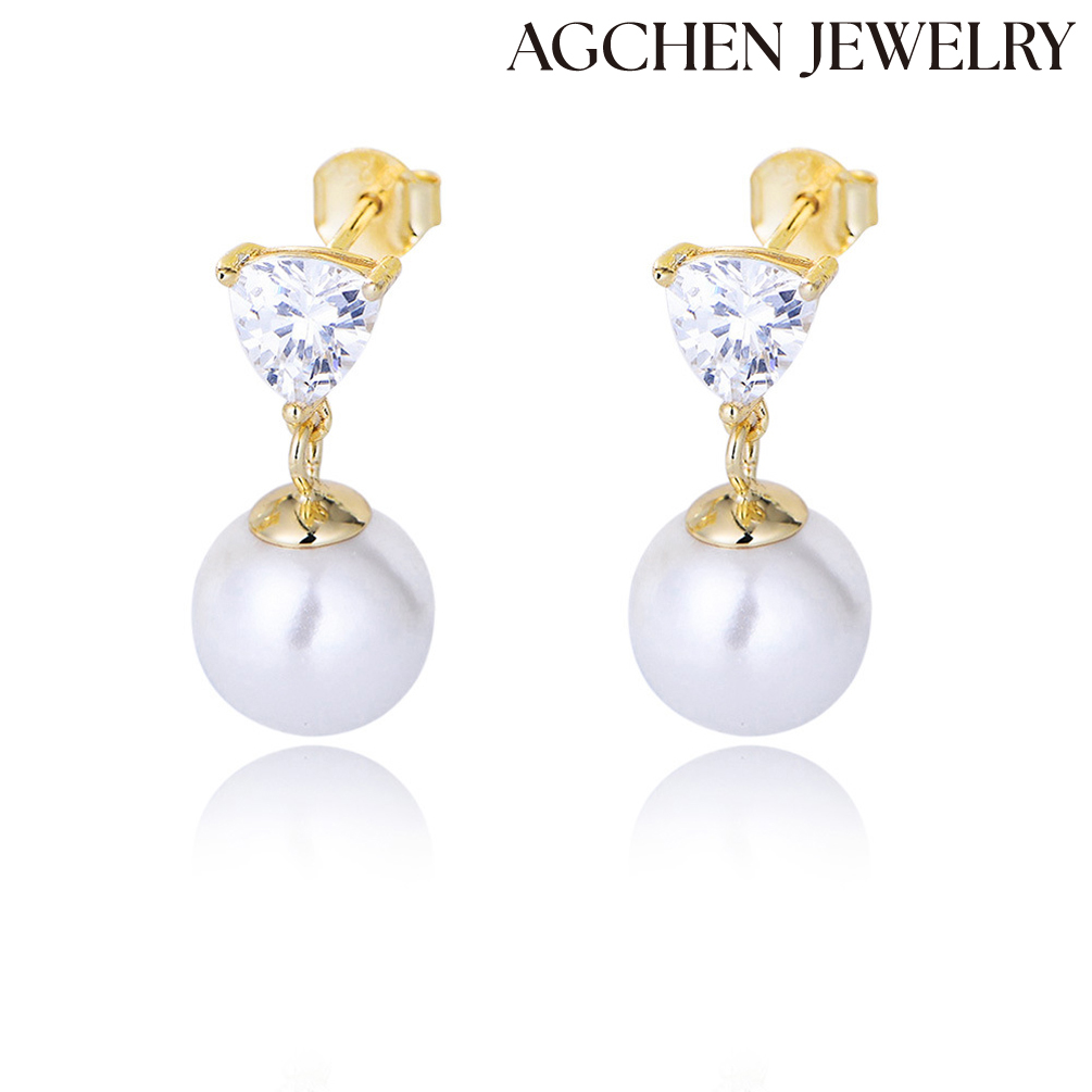 AGCHEN Korean simple light luxury sense love shaped zircon earrings femininity ins style sterling silver pearl earrings earrings stud AGKSE125