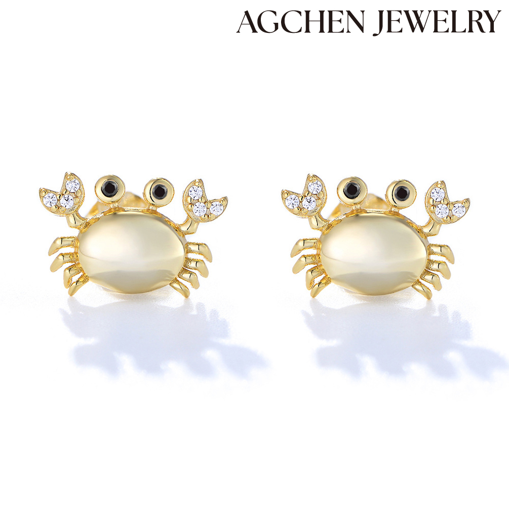 AGCHEN S925 silver small crab earrings female new fashion temperament simple ins wind European and American diamond cute small earrings AGKE3907