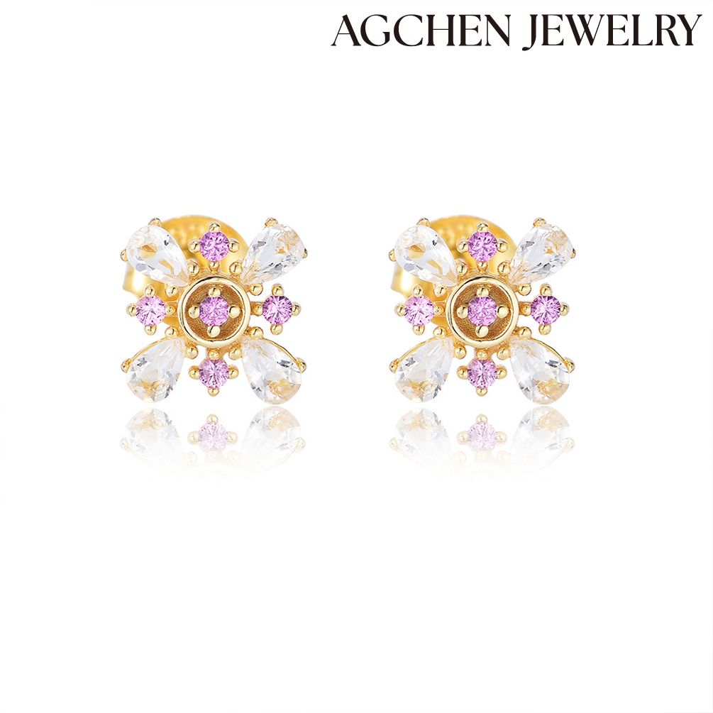 AGCHEN S925 sterling silver French high-grade pink zircon petal earrings female Europe and America ins personality small fresh earrings AGKSE115