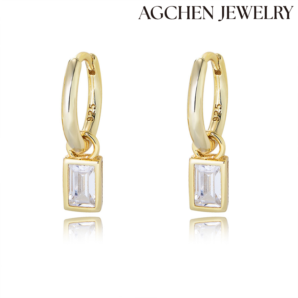 AGCHEN 925 sterling silver geometric square zircon earrings small personality earrings European and American ins style earrings women AGKE3897B