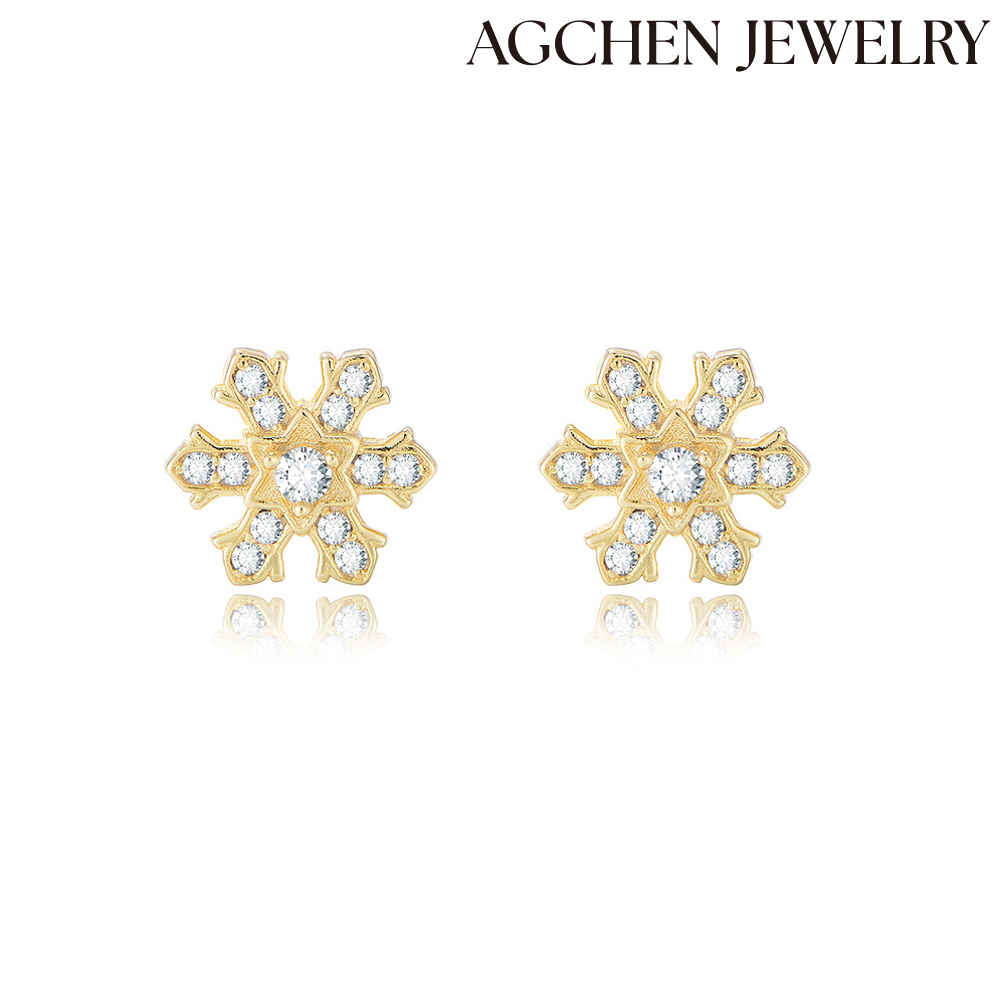 AGCHEN Snow Flower Zircon crystal 925 Silver Gold plated stud Earrings Fashion Jewelry for women and girls AGKSE111