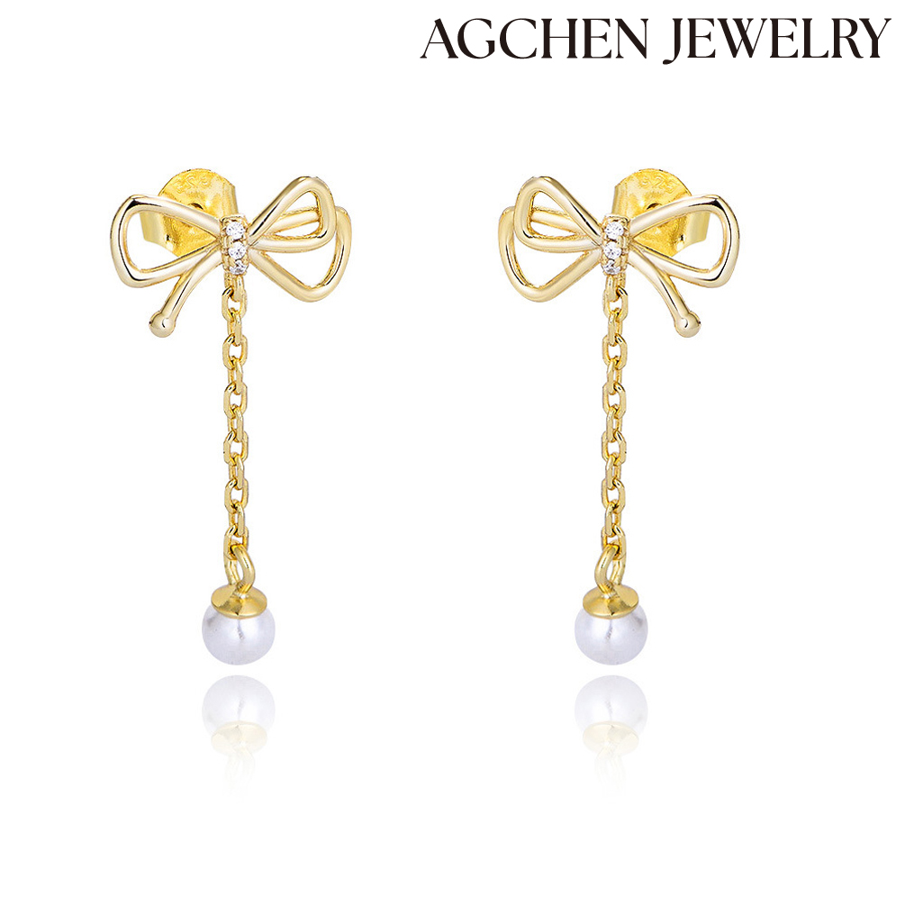 AGCHEN Super fairy tassel bow pearl earrings female quality sterling silver earrings ear accessories wholesale AGKE3842