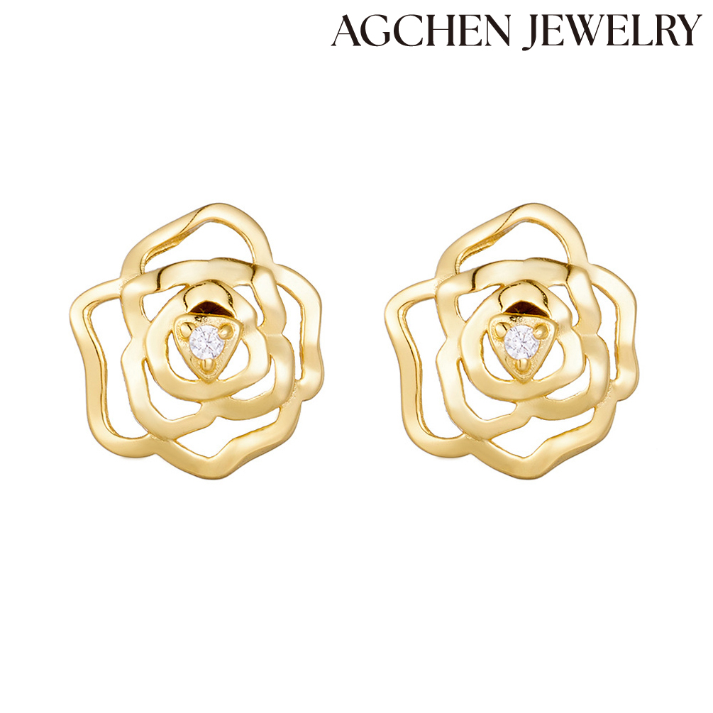 AGCHEN S925 Sterling Silver Hollowed Rose Earrings with Cubic Zirconia female Europe and America ins design sense new accessories AGKSE180