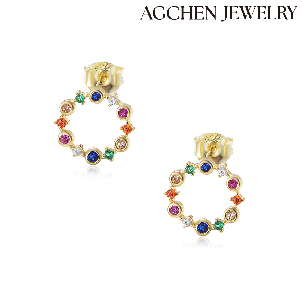 AGCHEN s925 Sterling silver garland color diamond earrings Sen sense fairy earrings female Korean circle lovely color zircon earrings AGKE3408