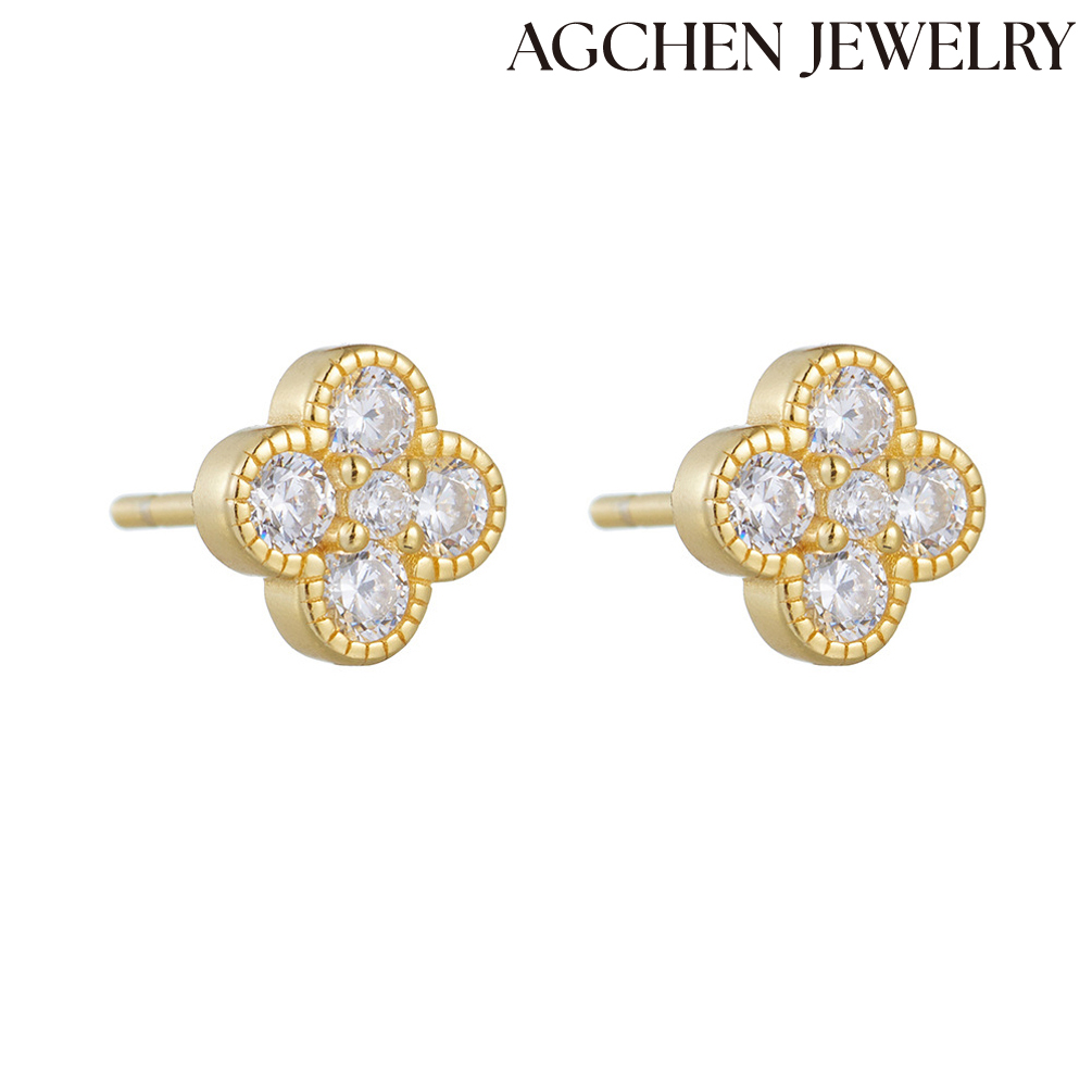 AGCHEN S925 sterling silver four-leaf zircon earrings female Europe and the United States light luxury simple fresh look mini earrings AGKSE162