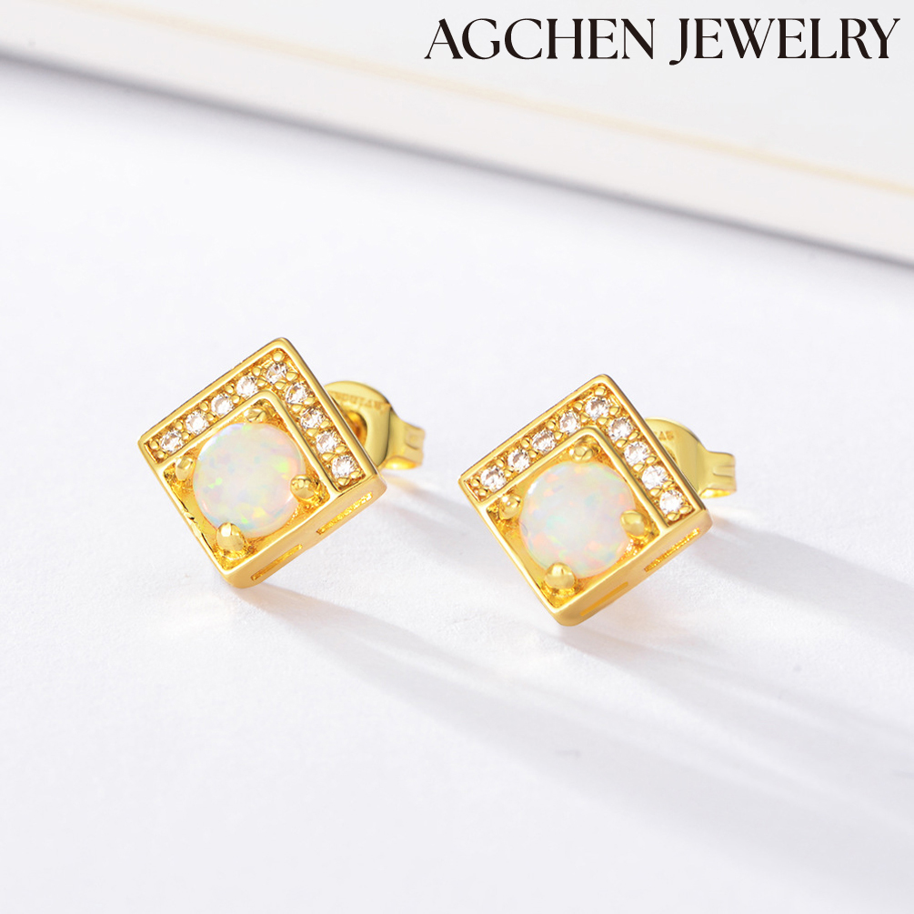 AGCHEN   European and American hot-sellin S925 Sterling Silver Square Stud Earrings with Australian Opal and Cubic Zirconia manufacturers custom AGKSE024