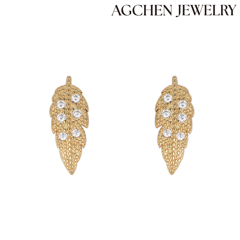 AGCHEN ins temperament simple earrings s925 silver leaf stud female European and American personality vint AGe diamond leaf earrings AGKE3449