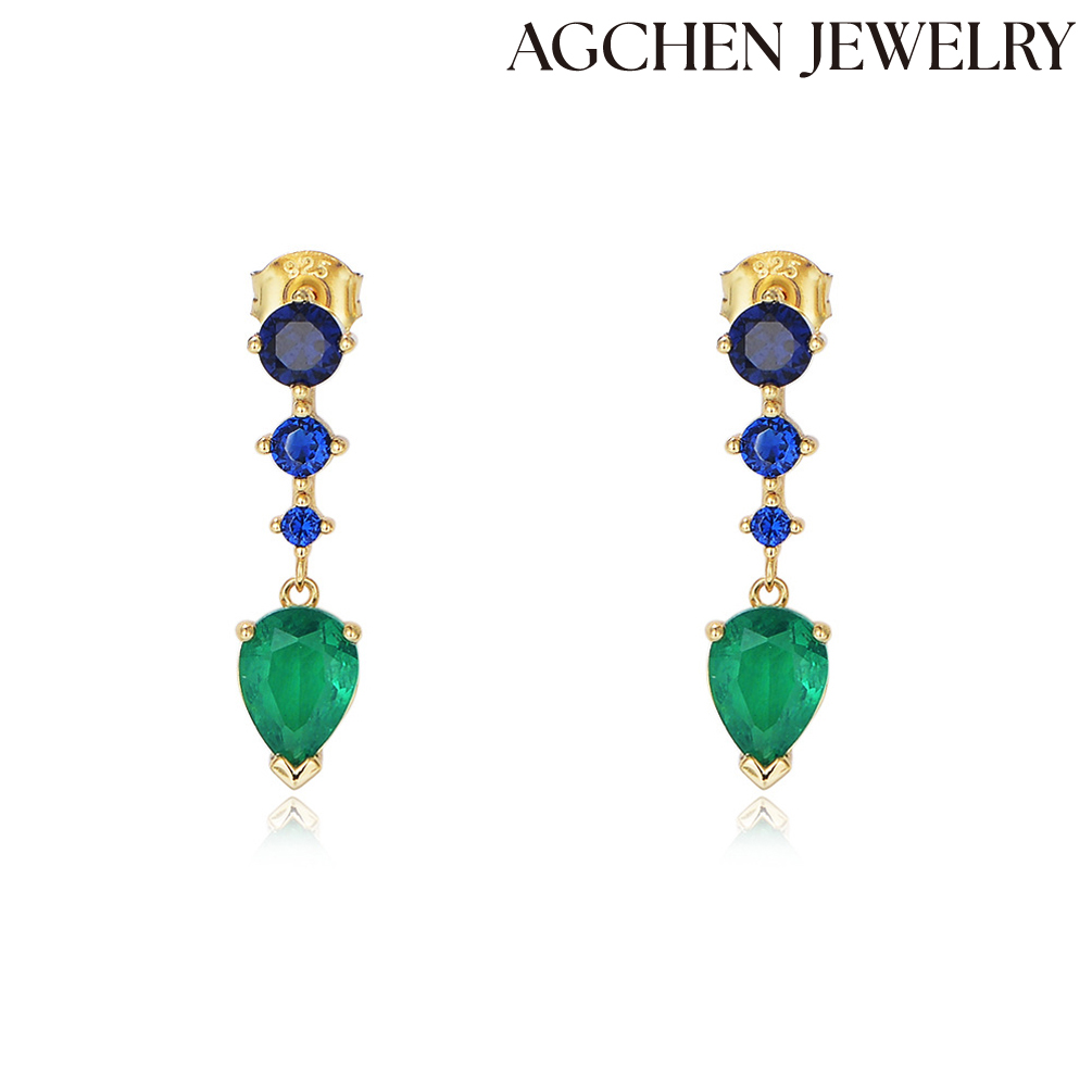 AGCHEN S925 Silver tip blue emerald water drop shaped zircon long earrings European and American style retro earrings for women jewelry AGKE3435