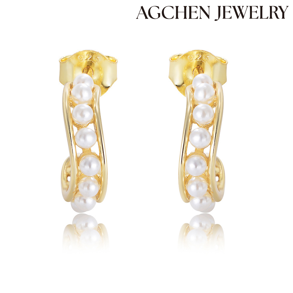 AGCHEN S925 Sterling Silver Pea-Shaped Earrings with Pearls  S925 Sterling Silver Pea-Shaped Earrings with Pearls" AGKE3899