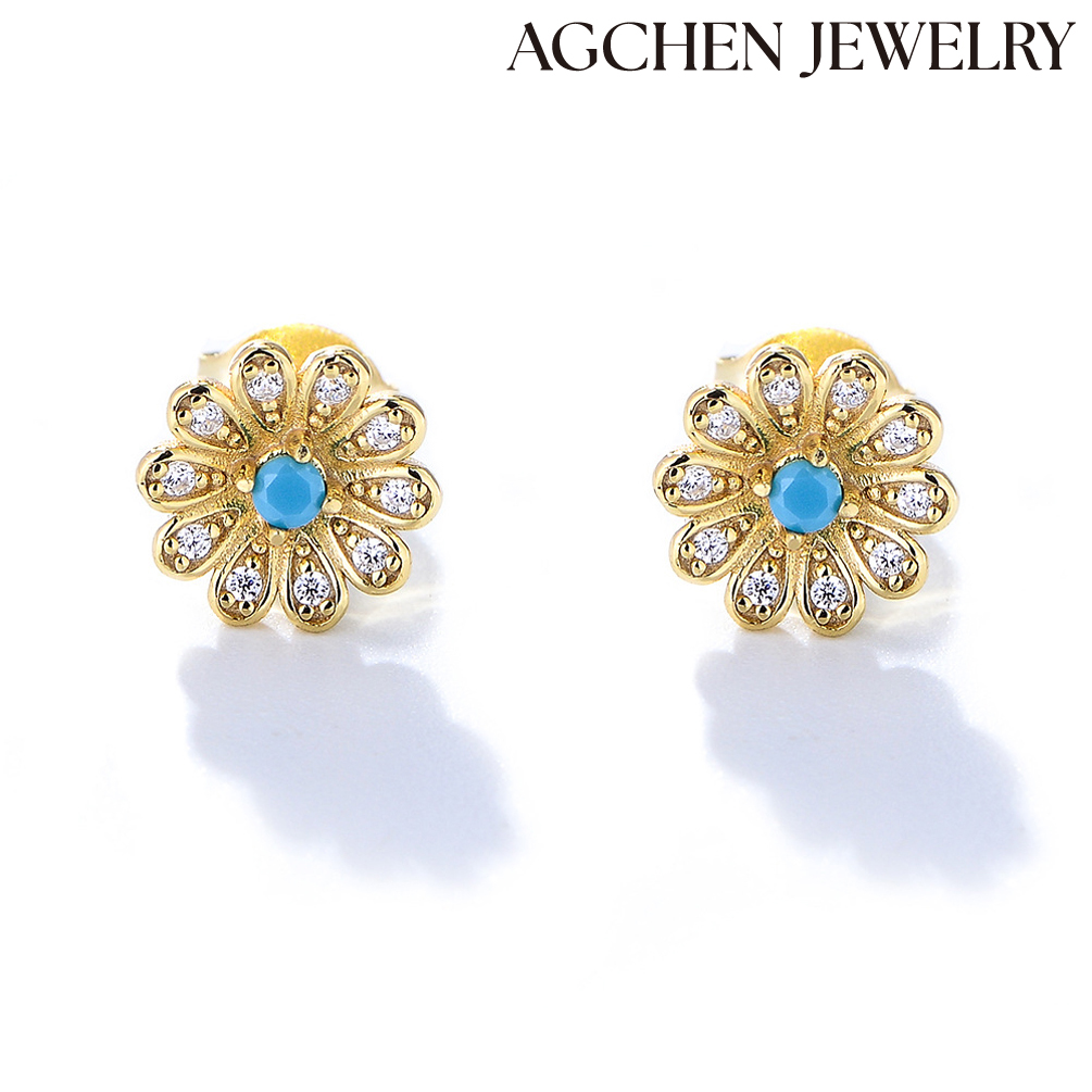 AGCHEN S925 silver zircon sun flower earrings women Europe and the United States ins diamond small Daisy high sense earrings accessory AGKE3896