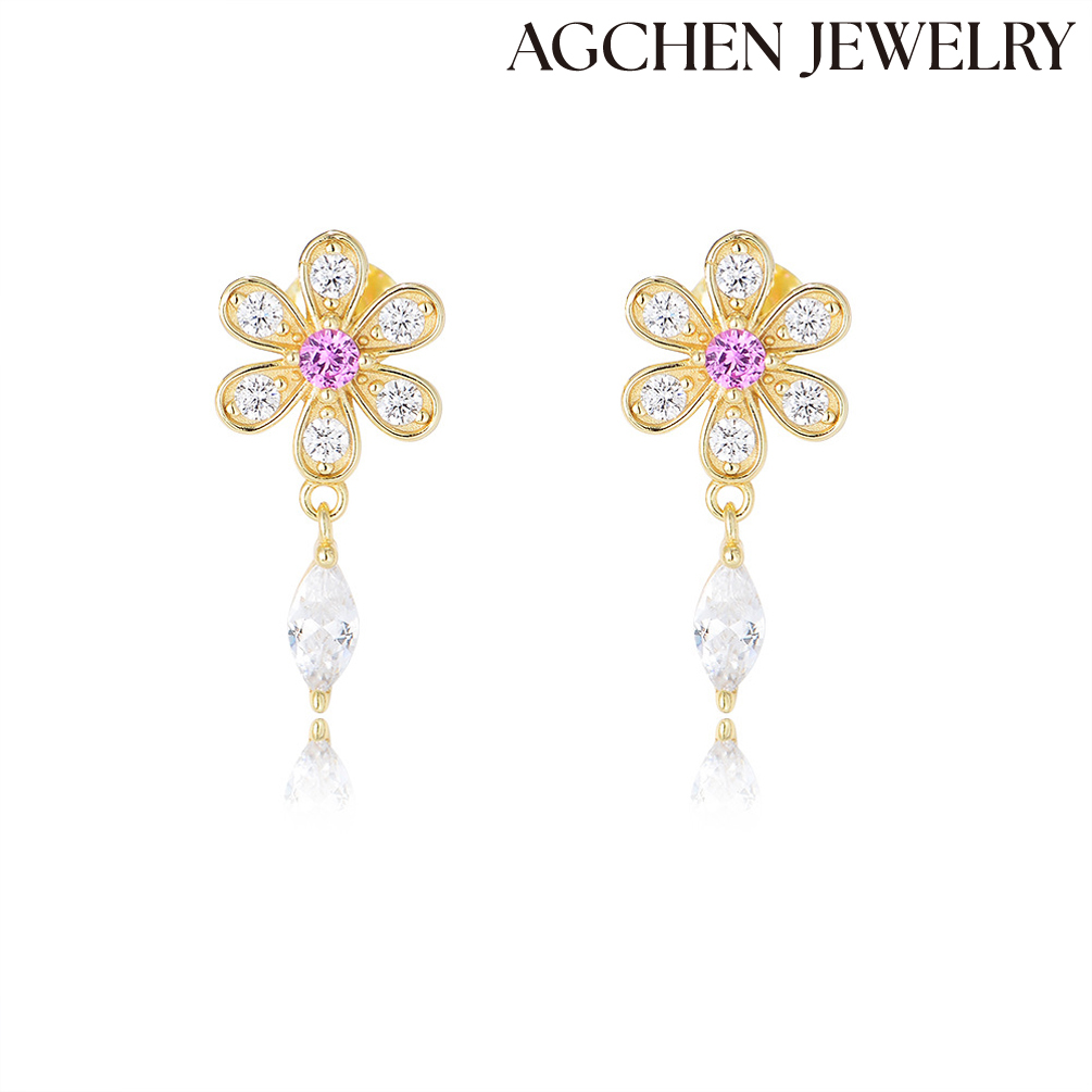 AGCHEN  S925 sterling silver zircon petal tassel earrings European and American ins temperament ladies all-match super fairy earrings AGKE3568