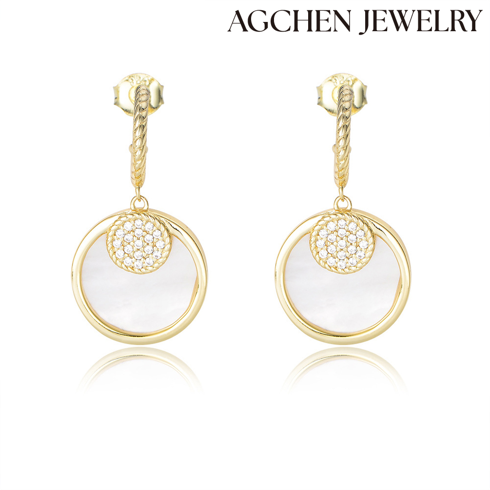 AGCHEN Hot selling jewelry S925 silver geometric circle shell earrings ins micro-inset zircon earrings senior niche design earrings AGKE3596