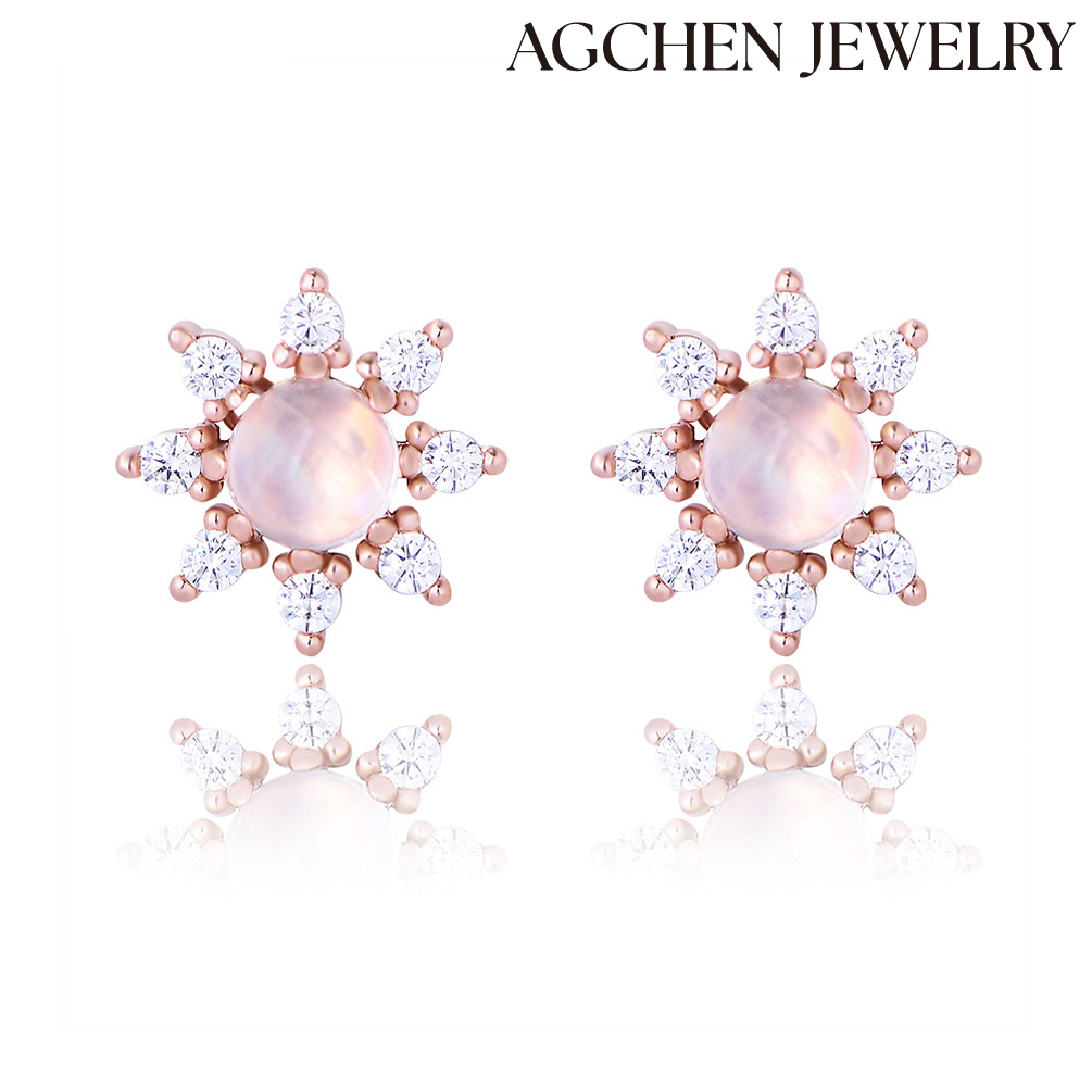 AGCHEN S925 Sterling Silver Flower-Shaped Opal Earrings with Cubic Zirconia  Female Japanese and Korean temperament fresh look earrings AGKE4023