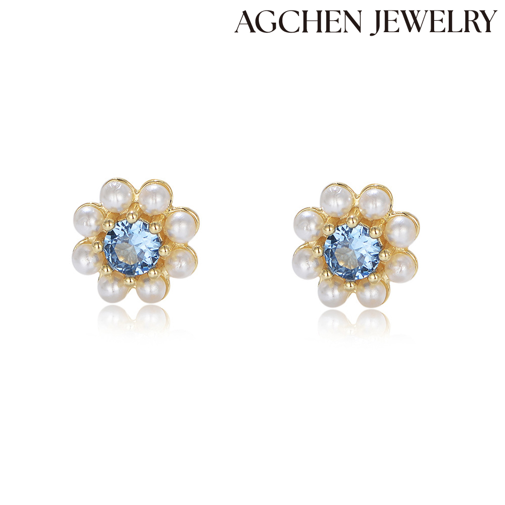 AGCHEN Blue zircon pearl earrings sterling silver high-grade flower Europe and the United States earrings silver ornaments AGKE3405