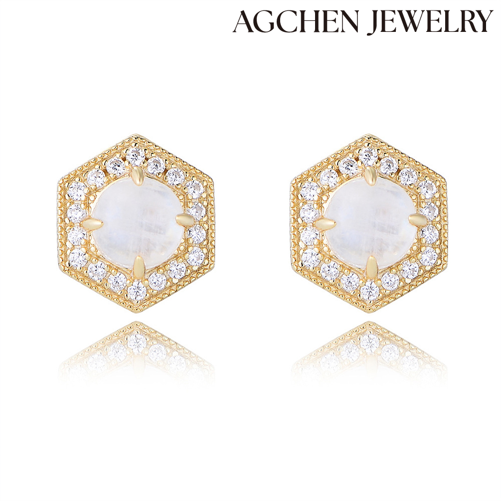 AGCHEN Moonstone Hex AGon Zircon crystal 925 Silver Gold plated stud Earrings Fashion Jewelry for women AGKSE143