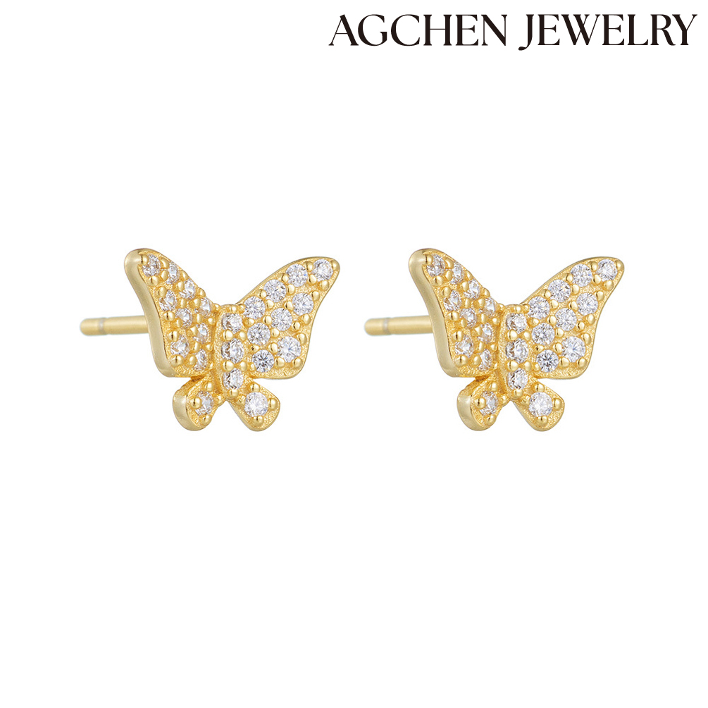 AGCHEN S925 sterling silver full diamond butterfly stud female Korean fairy cute sweet light luxury high sense of all-matching earrings AGKE4944