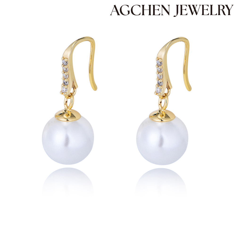 AGCHEN Europe and the United States ins style 925 silver pearl earrings women simple temperament diamond long shell beads earrings AGKSE130