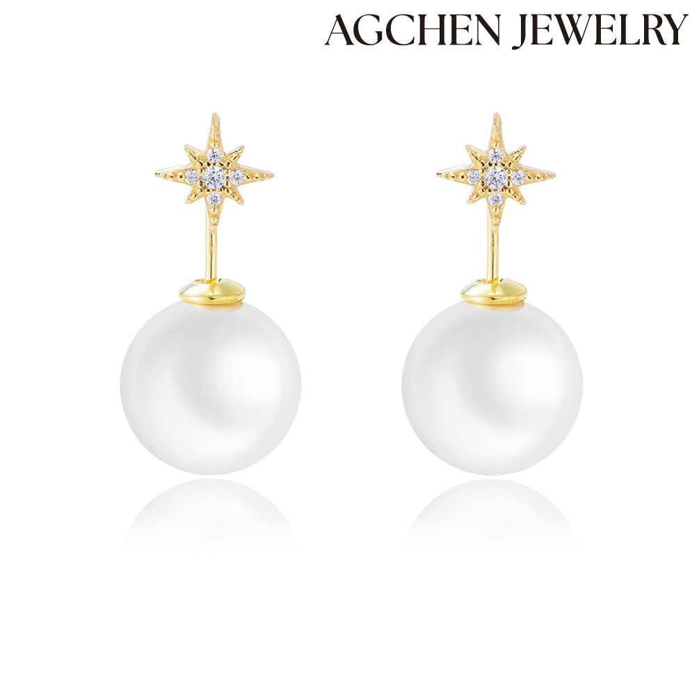 AGCHEN Star-Shaped Stud Earrings with Cubic Zirconia and Pearl in S925 Sterling Silver  Female Japanese and Korean temperament fresh look earrings AGKE3526