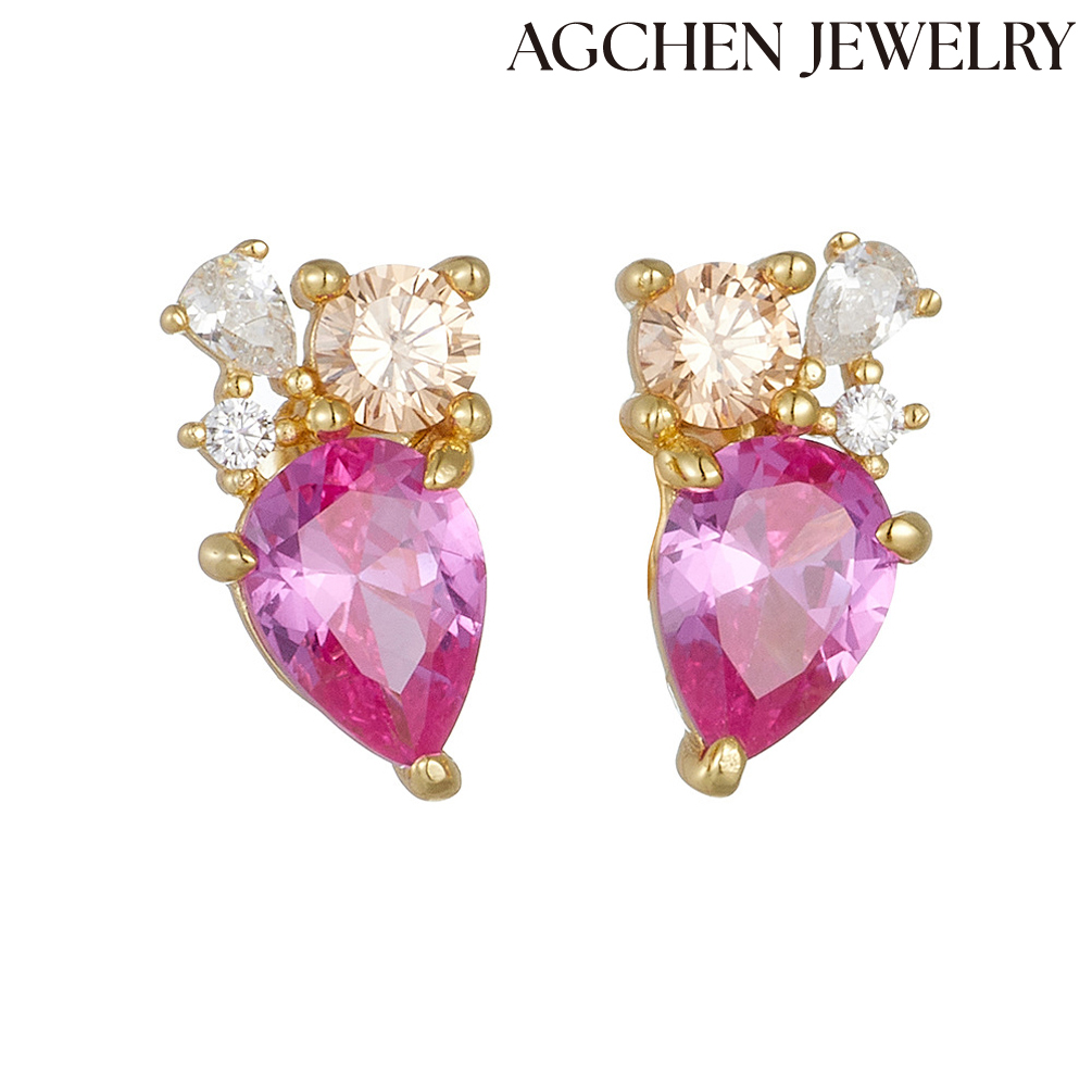 AGCEN  European and American hot-selling  S925 Sterling Silver Teardrop-Shaped Earrings in Rose Pink with Three White Zirconia AGKSE183