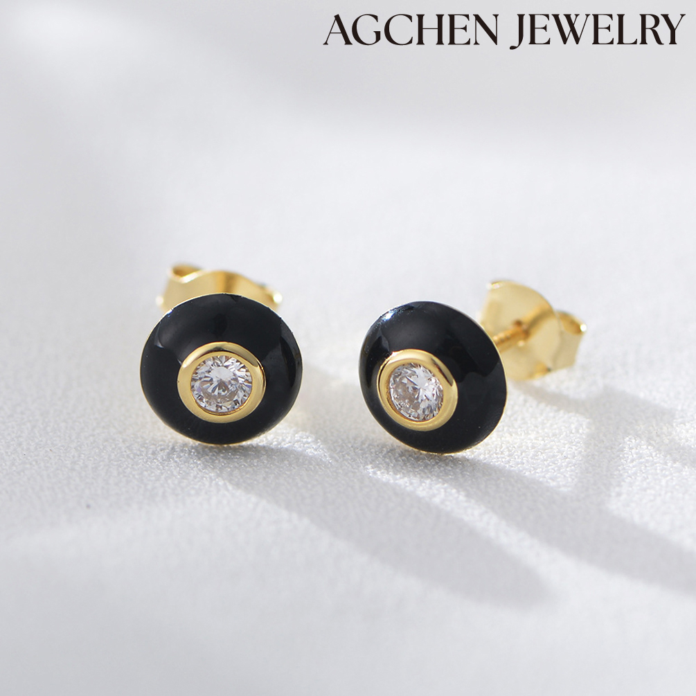 AGCHEN S925 sterling silver simple retro round single diamond zircon earrings female ins niche design sense dripping oil earrings AGKSE164