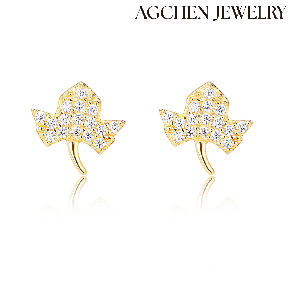 AGCHEN European and American cute diamond leaf earrings sterling silver wholesale niche design sense temperament earrings for girls AGKE3605