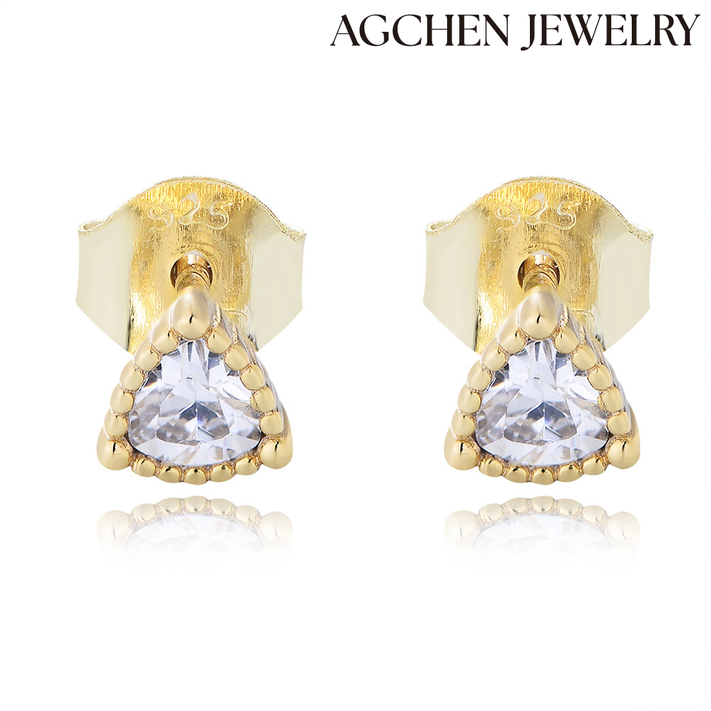 AGCHEN Simple Round three claw Zircon crystal 925 Silver stud Earrings Fashion Jewelry for women and girls AGKE4163