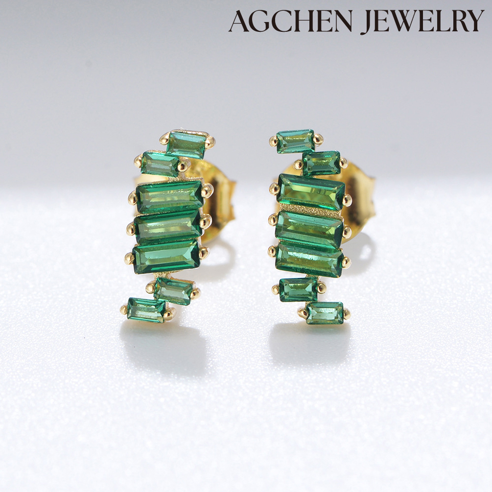 AGCHEN European and American hot sale earrings female s925 silver ladder square irregular arrangement rectangular green zircon earrings AGKE3444