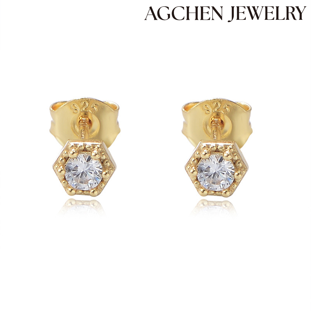 AGCHEN S925 Sterling Silver Hex AGonal Cubic Zirconia Earrings high-grade niche Europe and the United States jewelry earrings women AGKE3378