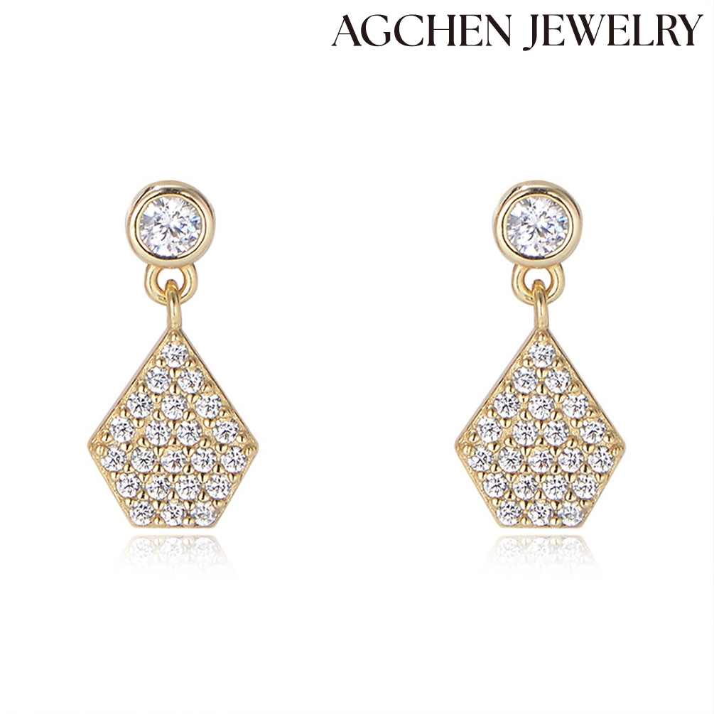 AGCHEN Elegance Polygon Zircon 925 Silver Gold plated Drop Earrings Fashion Jewelry for women and girls E0092 AGKE3379